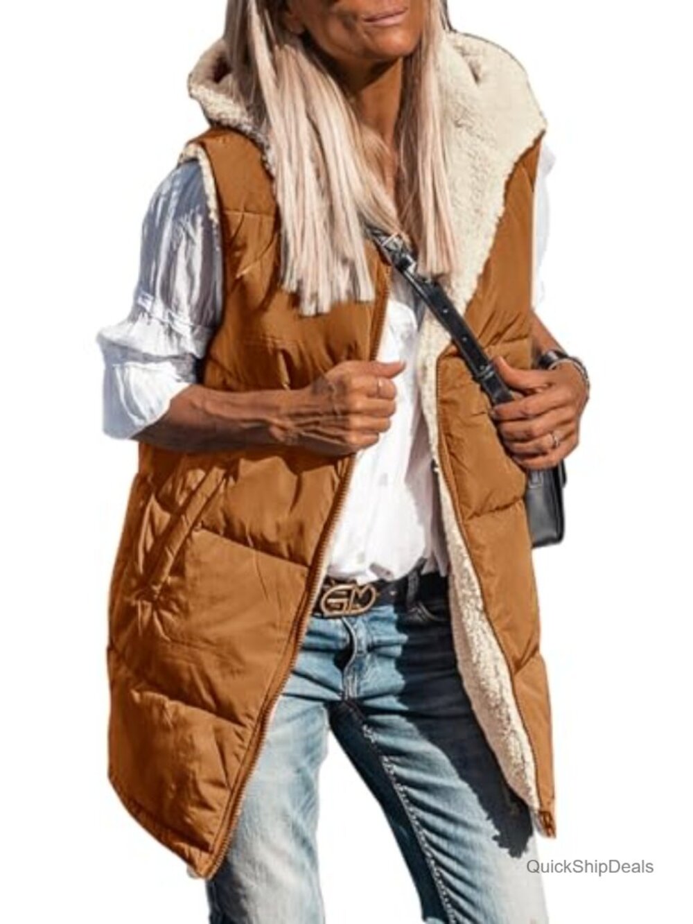 Reversible Fleece Hooded Long Vest Sleeveless Zip Up Winter Coat with Pockets